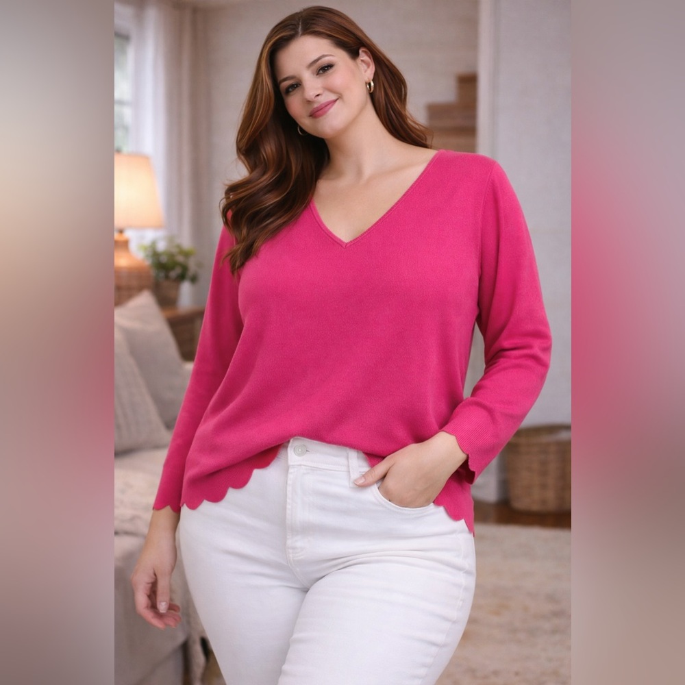 Talbots XL Bright Pink Sweater Scalloped Hem V Neck Lightweight Knit Top‎